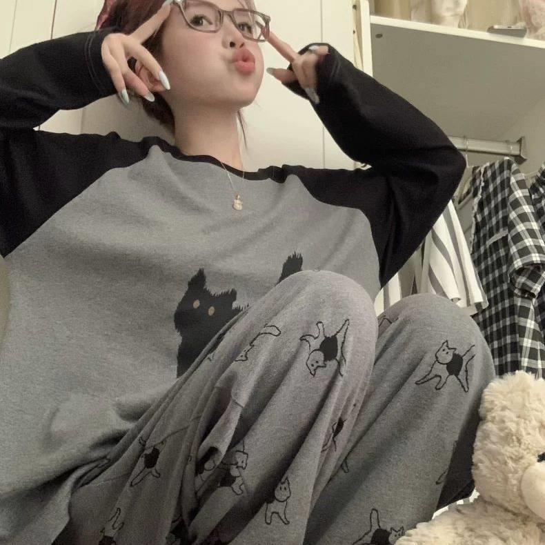 极速加大码胖MM300斤卡通小猫咪拼色家居服春秋新款宽松休闲睡衣