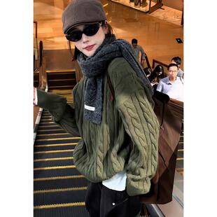 推荐复古绿色粗麻花软糯套头毛衣外套女秋冬季加厚宽松慵懒风针织