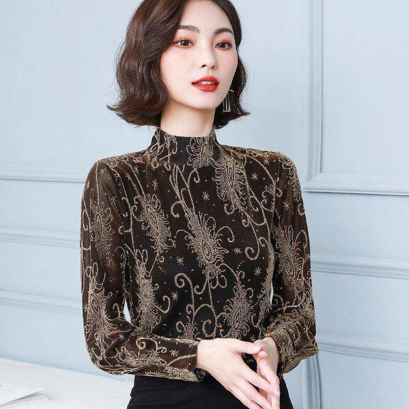极速春秋中年妈妈蕾丝打底衫女长袖外穿网纱T恤小衫洋气内搭新款