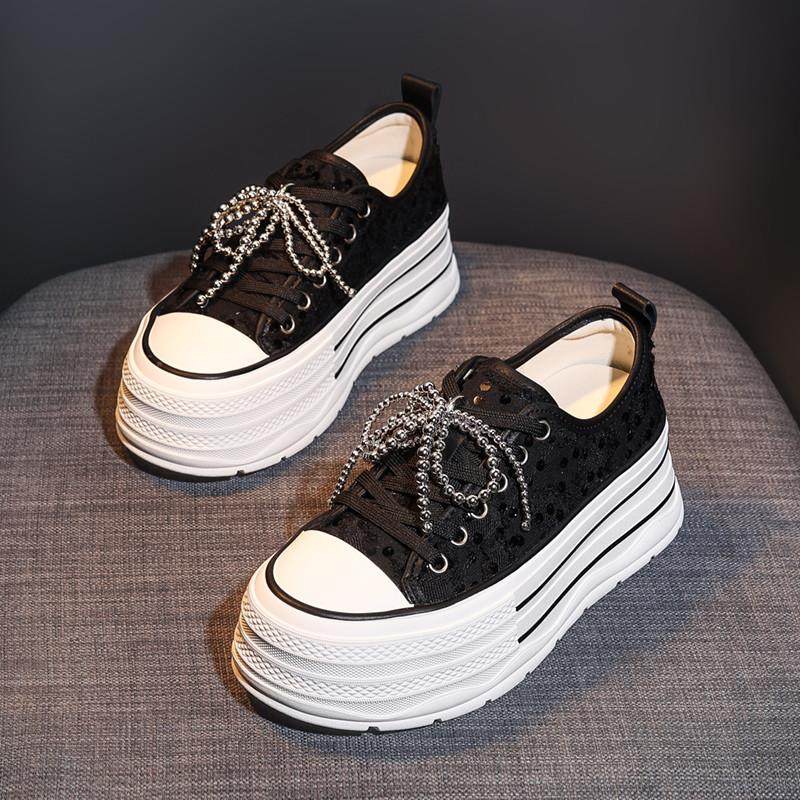 推荐亮片帆布鞋女2025秋季新款珍珠系带百搭松糕休闲小白鞋厚底板,女鞋,休闲板鞋,淘宝优惠券,粉丝福利购,淘宝优惠卷