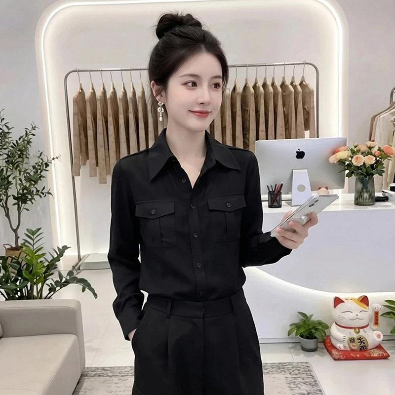 极速黑色翻领长袖衬衫女2026早秋新款薄款防晒衫修身显瘦气质百搭