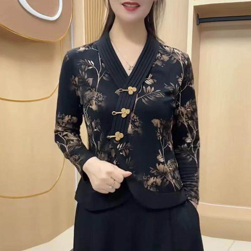 极速秋冬新款中老年妈妈装上衣V领修身长袖复古盘扣民族风汉服旗