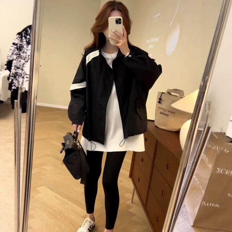 推荐美式立领撞色拼接棒球服女秋冬大码胖MM显瘦宽松拉链防风夹棉