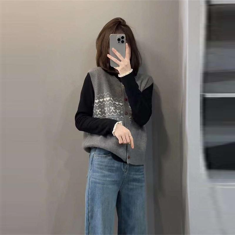 极速毛衣套装两件套秋冬黑色长袖打底衫彩扣设计感无袖印花针织马
