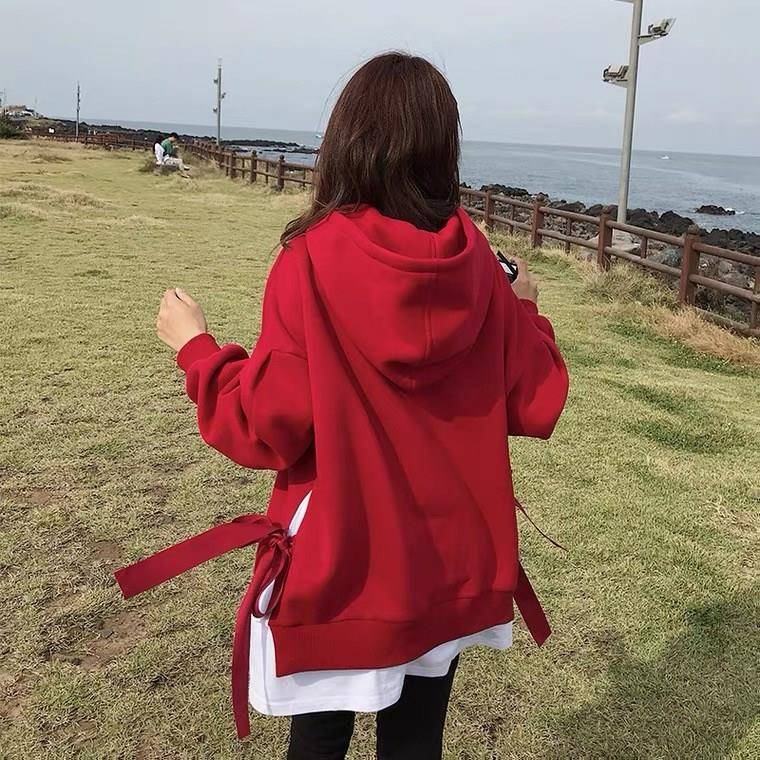 极速红色连帽假两件卫衣女春秋欧货爆款大码慵懒风设计中长款上衣