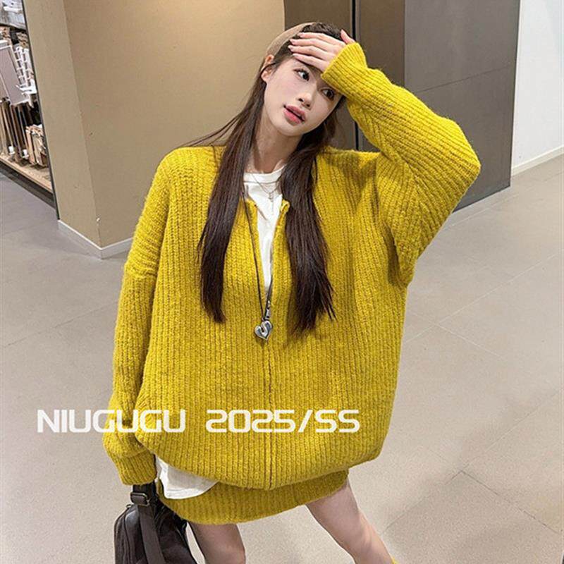 慵懒老钱风鹅黄色拉链针织开衫女秋冬加厚设计感软糯宽松毛衣外套