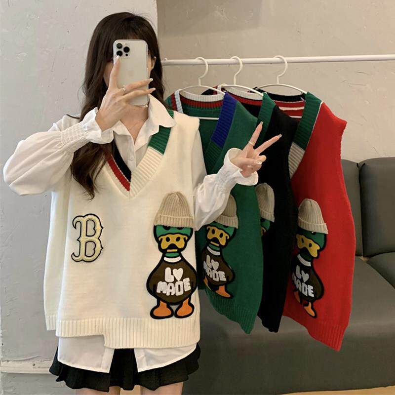 极速春秋新款学院风马甲女无袖背心搭配衬衫两件套V领撞色宽松针