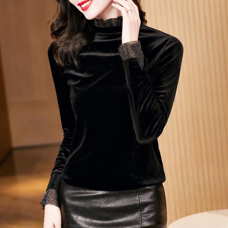 极速金丝绒打底衫女长袖春秋装内搭显瘦黑色T恤时髦洋气妈妈立领