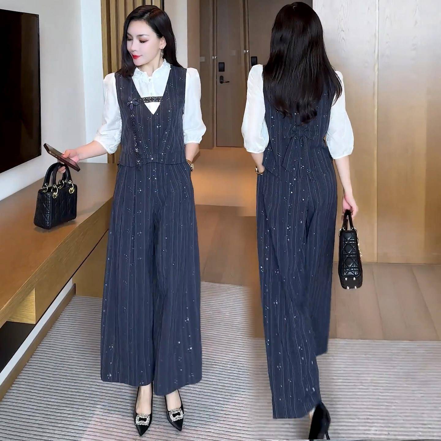 极速时尚小香风套装女2026秋季新款洋气假两件拼接衬衫阔腿裤两件