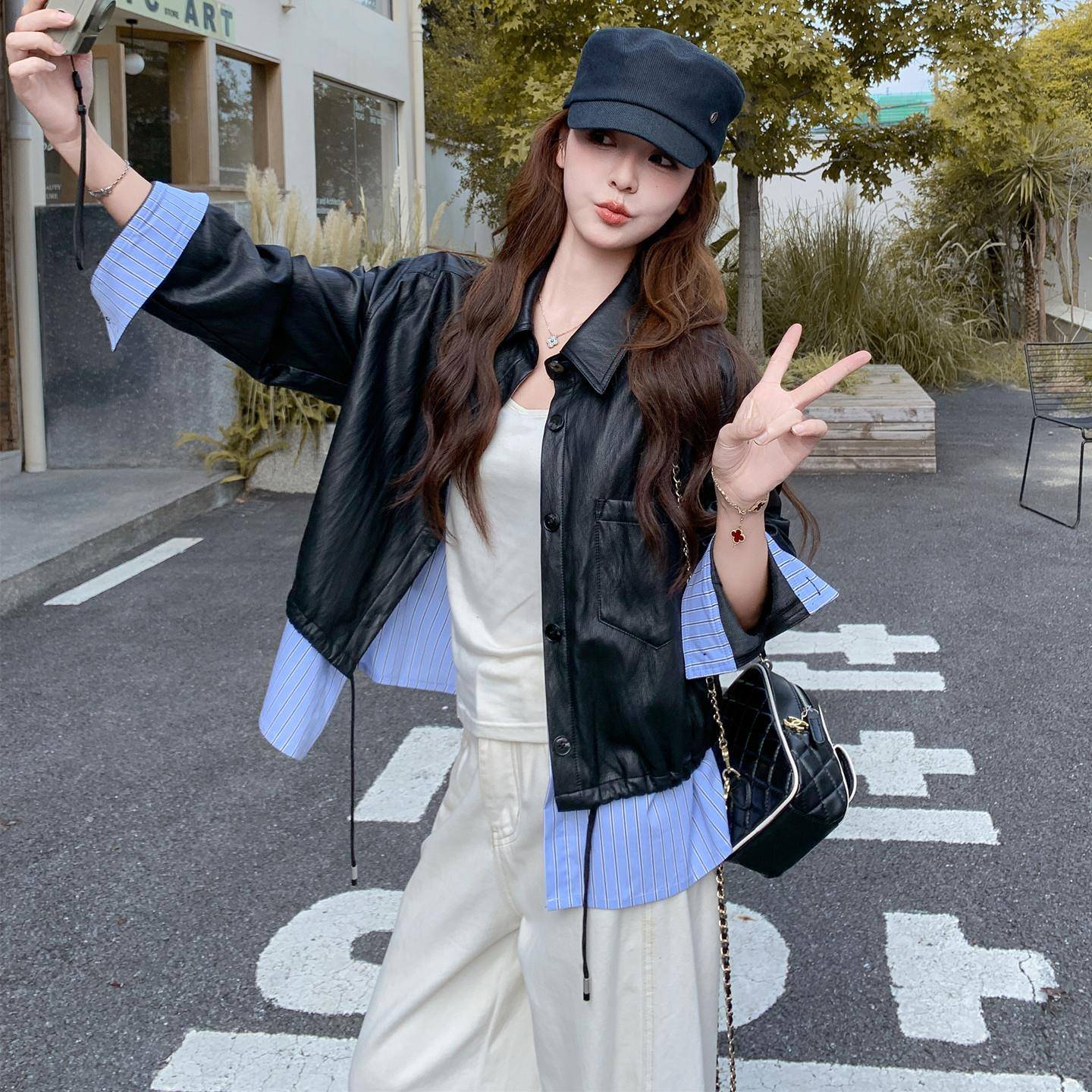 极速黑色设计条纹拼接pu皮衣夹克女秋新款小个子休闲显瘦假两件短
