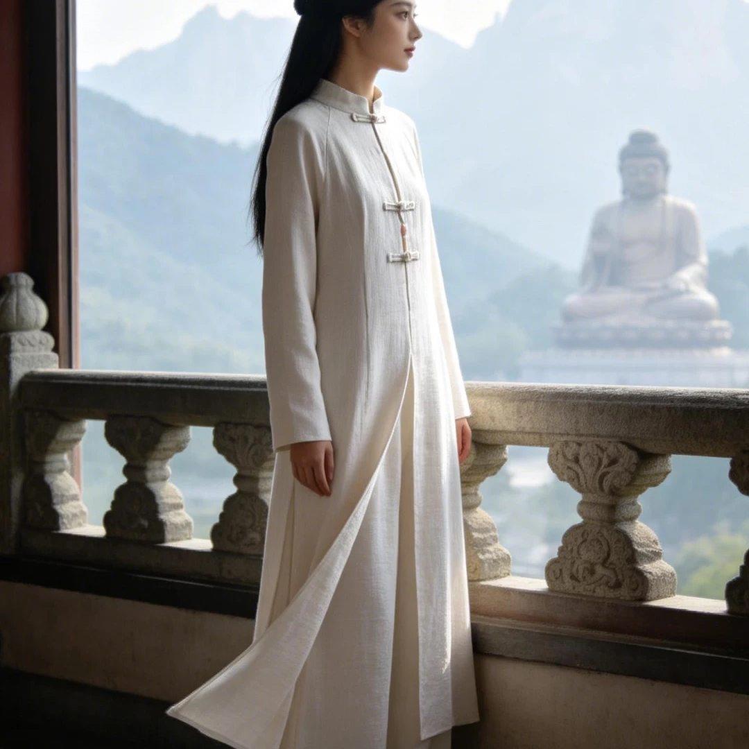 极速民族风宽松休闲长袖衬衫连衣裙女佛系禅意素麻色棉麻茶服两件
