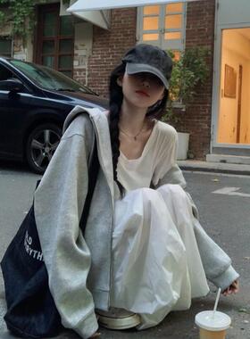 灰色卫衣外套女款连帽开衫2025新款早秋宽松拉链冬季加绒加厚上衣