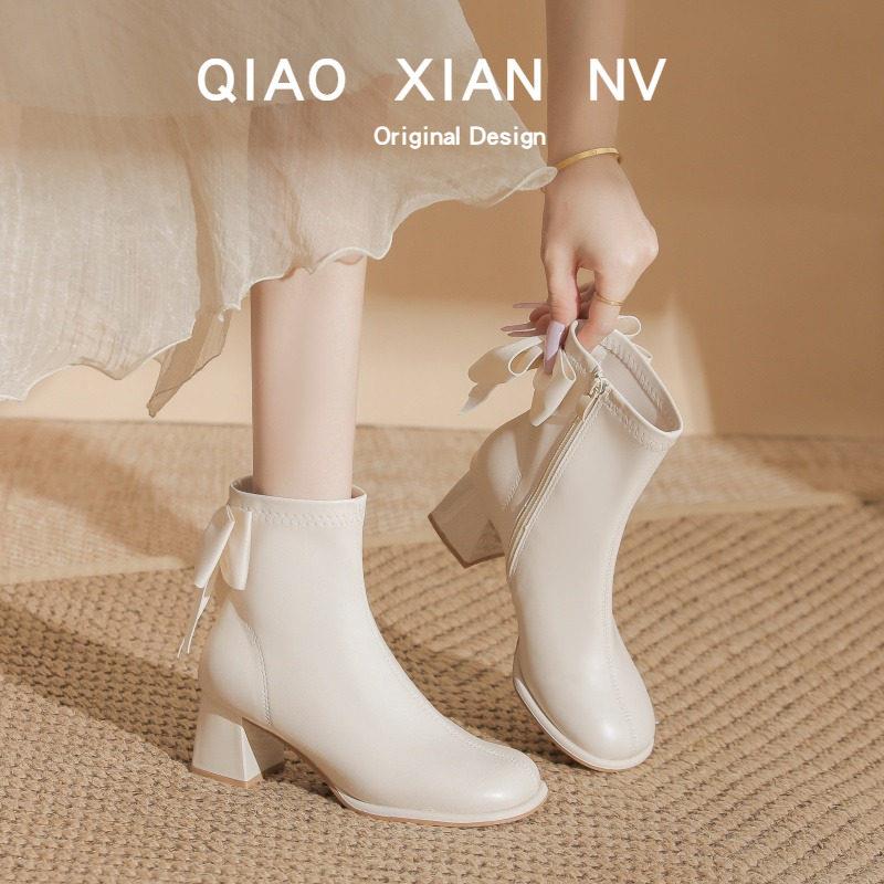 极速早春版~粗跟瘦瘦马丁靴高跟加绒白色婚鞋伴娘短靴女鞋靴女皮