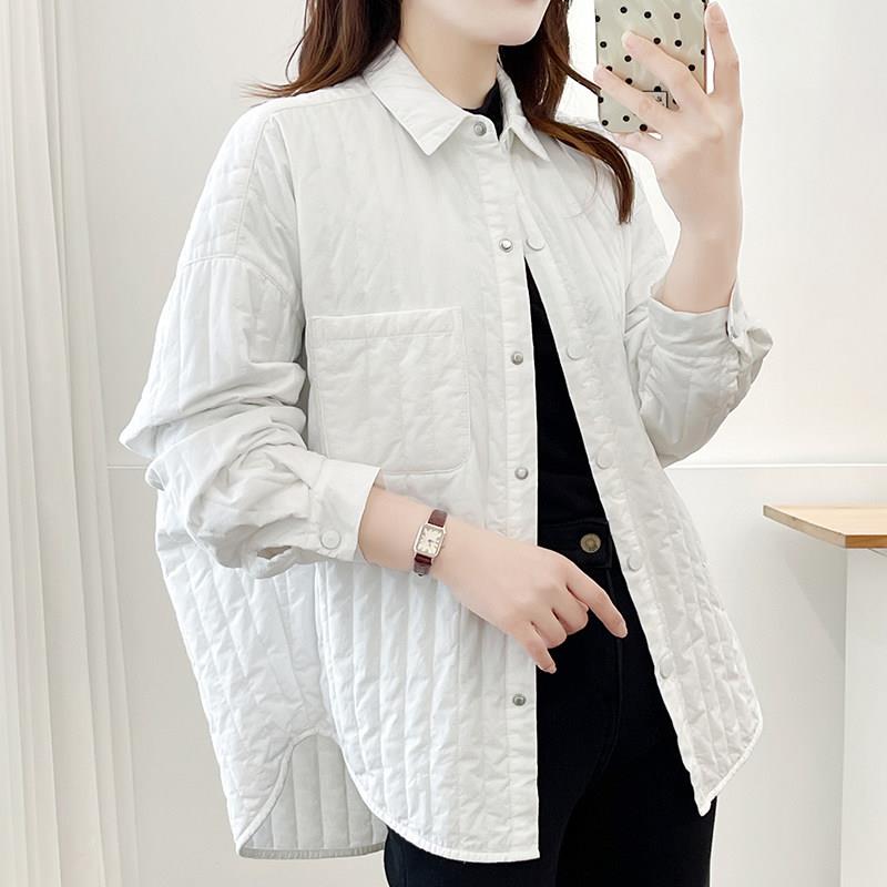 极速韩系菱格纹夹棉衬衫女长袖深蓝色百搭保暖棉服外套翻领显瘦宽