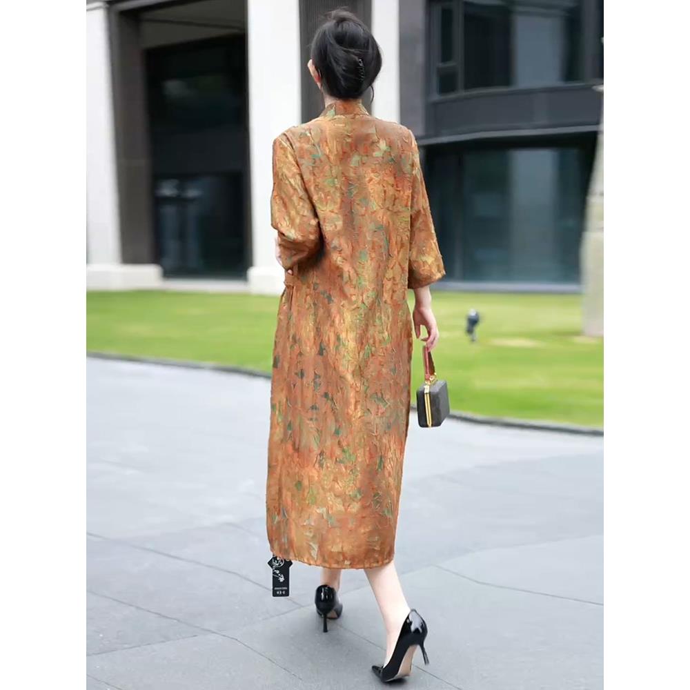 极速春季新款连衣裙女复古开衫中长款新款宽松大码中老年妈妈装风