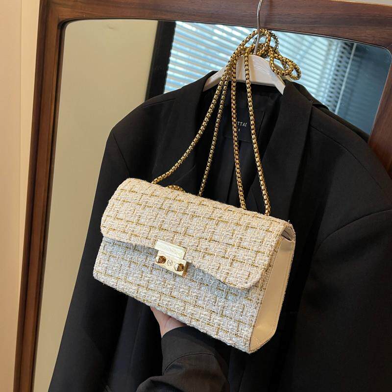 推荐红色毛呢格子包包女2025新款高级感时尚单肩包百搭链条斜挎小