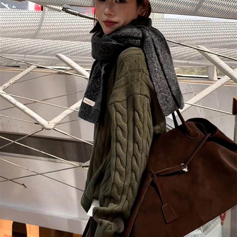 新品复古绿色粗麻花软糯套头毛衣外套女秋冬季加厚宽松慵懒风针织