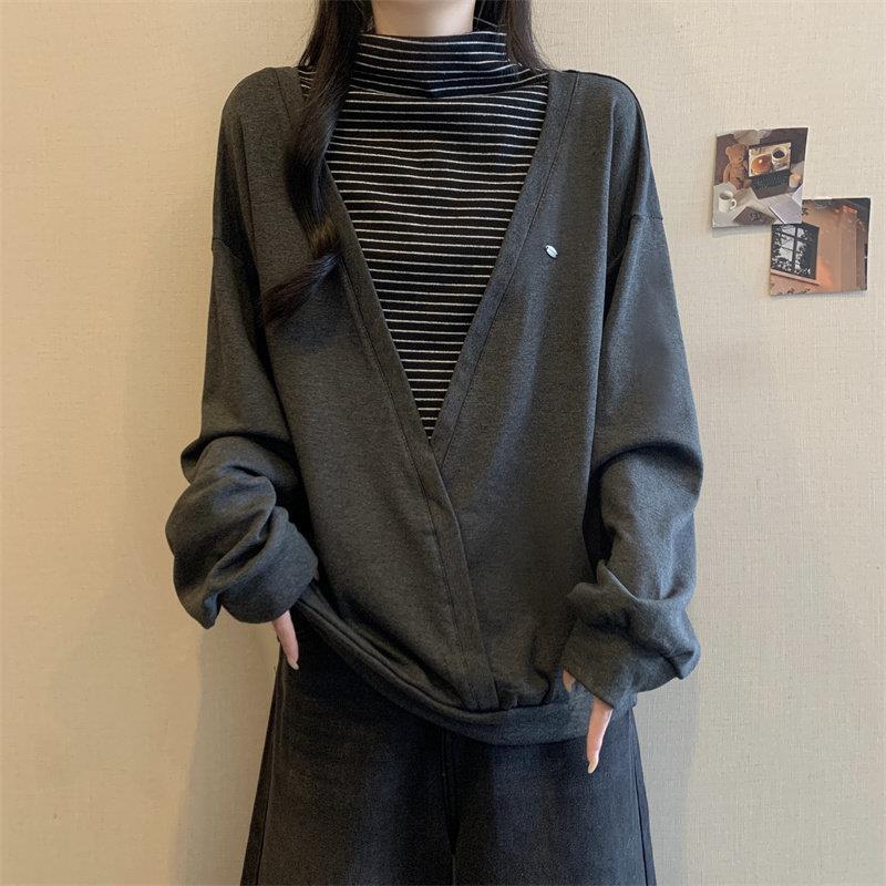极速大码女装高领条纹假两件长袖卫衣秋冬季胖MM宽松遮肚子慵懒风