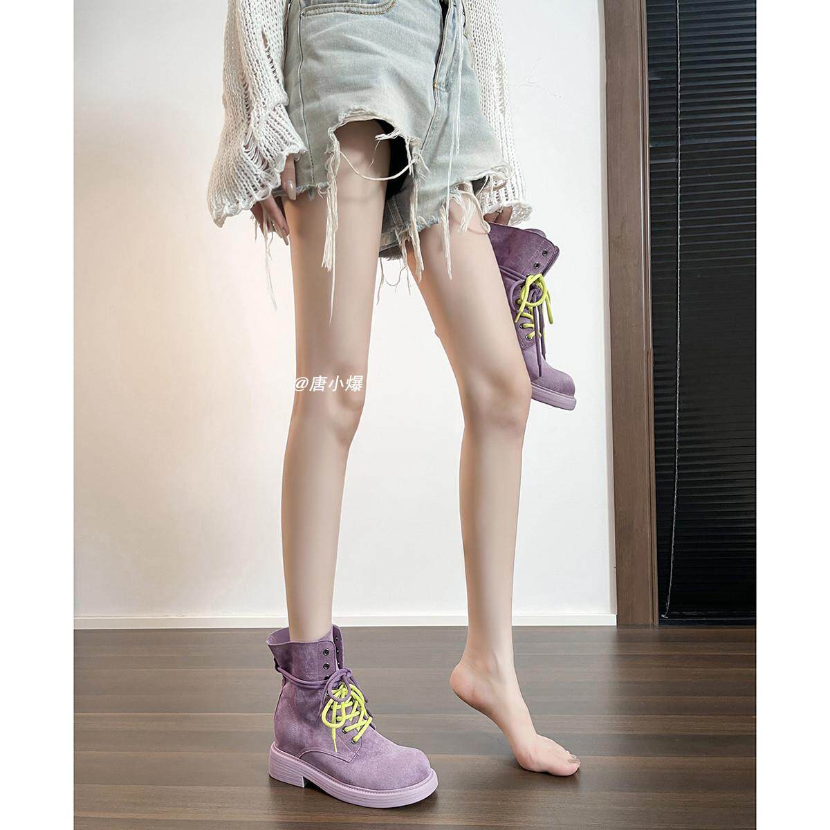 推荐白色马丁靴女内增高7CM小个子短靴系带厚底靴2025新款粉色机