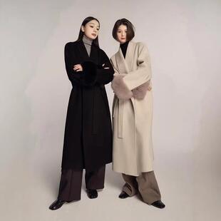 黑色狐狸毛双面羊绒羊毛大衣女2024冬季新款高级感毛呢外套小个子