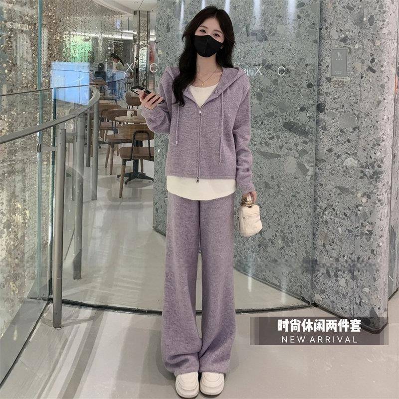 极速设计感休闲运动套装女士春秋新款假两件连帽针织外套搭裤子两