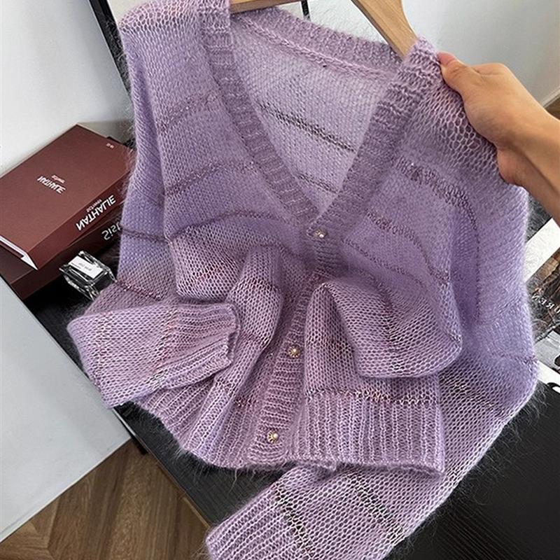 休闲轻熟风紫色v领镂空长