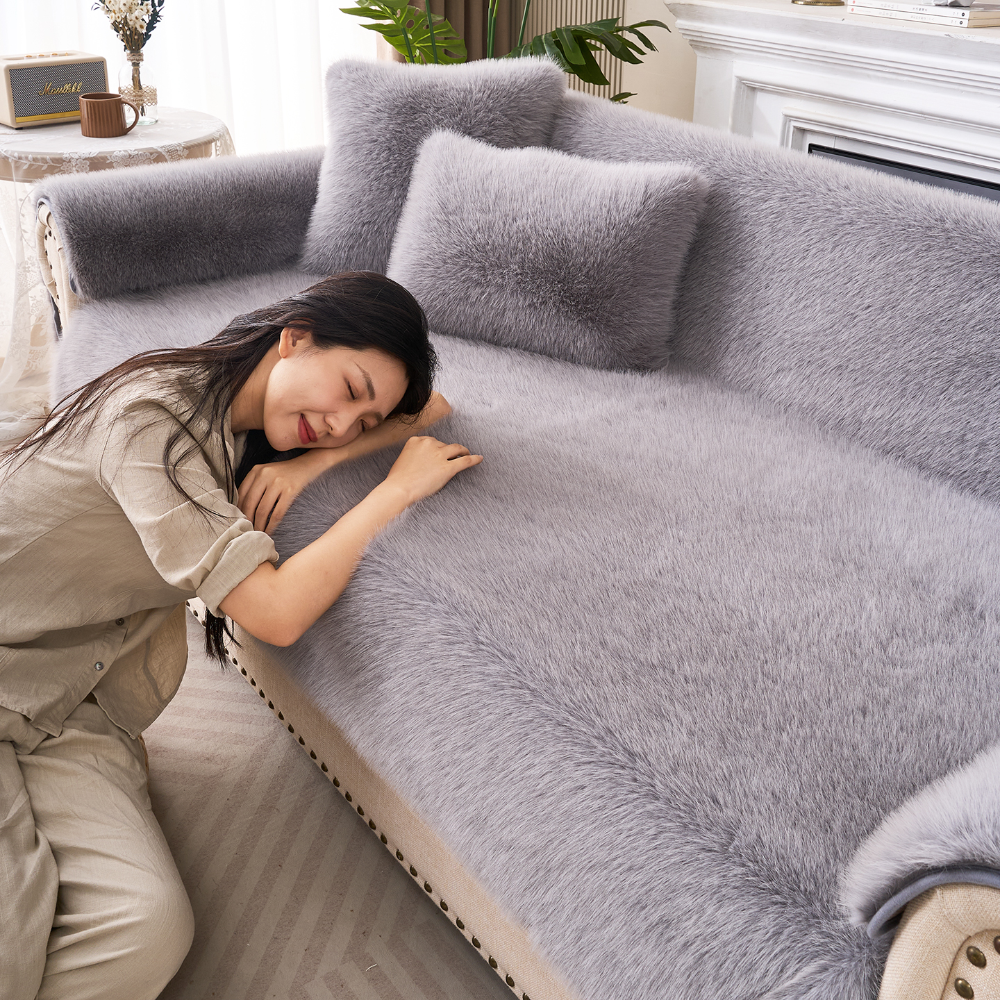 狐狸毛绒沙发垫秋冬加厚真皮沙发坐垫毛绒防滑皮沙发罩套新款盖巾