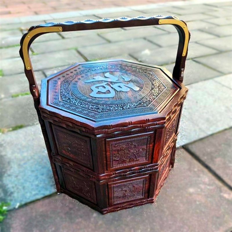 红木二层提篮红酸枝中式古典手提食盒双层大号木雕糖果盒实木果盘,家居饰品,果盘/果篓,淘宝优惠券,粉丝福利购,淘宝优惠卷