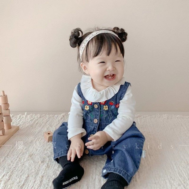 婴儿春秋季两件套女n宝宝牛仔套装超萌洋气外出背带裤连体长袖哈