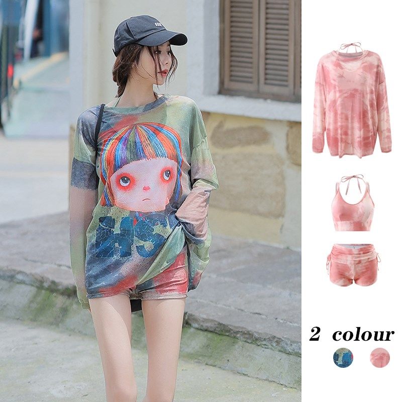 新款微胖泳衣女遮肉显瘦分体三件套罩衫外罩长袖洋气女孩潮酷温泉