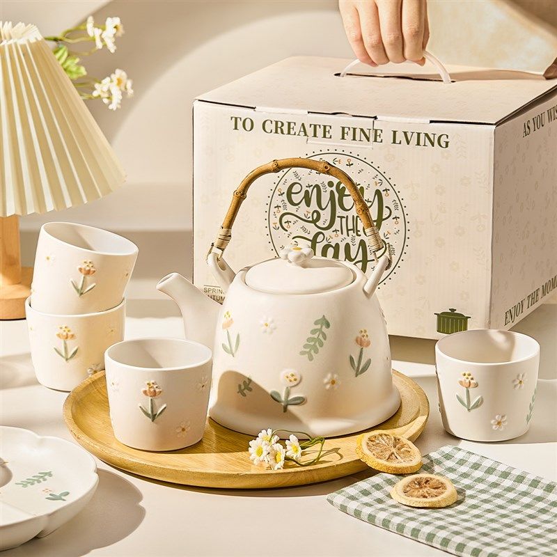 浮雕雏菊泡茶壶套装家用茶杯子杯具陶瓷茶具礼盒乔迁结婚新婚礼物,餐饮具,茶壶,淘宝优惠券,粉丝福利购,淘宝优惠卷