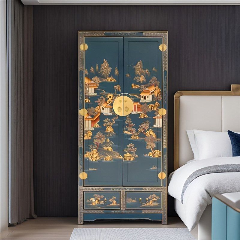 新古典中式实木彩绘双门衣柜客厅立柜家用卧室整装大衣橱收纳抽屉,住宅家具,独立衣柜,淘宝优惠券,粉丝福利购,淘宝优惠卷