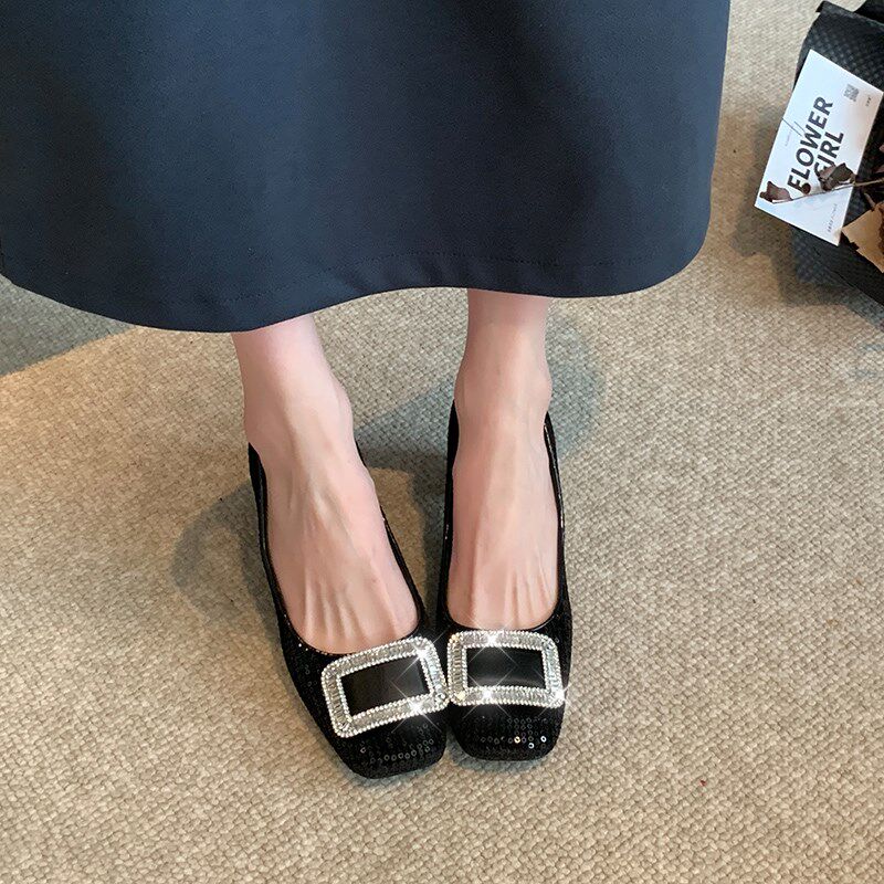 高跟鞋女2024春秋新款方扣粗跟亮片宴会伴娘宽胖脚大码女鞋41一43