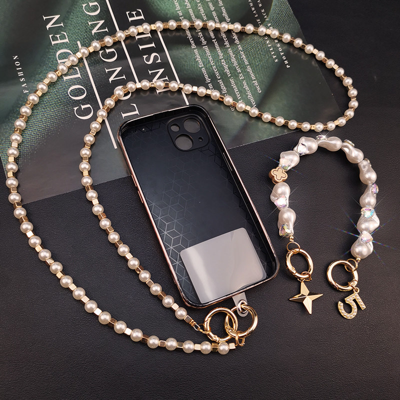 手机挂绳斜挎可拆卸手工串u珠珍珠挂链手提圆珠链条多功能肩背两