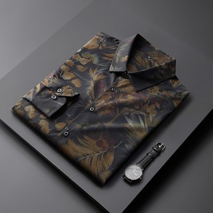 花衬衫 特大码 时尚 男长袖 胖子宽松休闲免烫弹力内搭衬衣 秋季 打底衫
