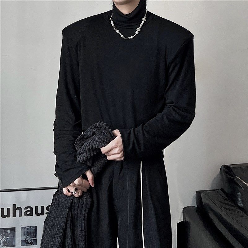2024春个性基础流行男女青年高领堆堆领垫肩纯色长袖打底衫t恤潮