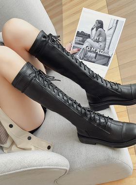 绑带马靴长靴女2025q秋冬新款平跟高筒靴瘦瘦靴女及膝靴系带弹力