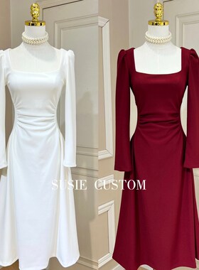 定制款显气e质法式泡泡袖大方领褶皱收腰遮肚子大摆中长版洋装