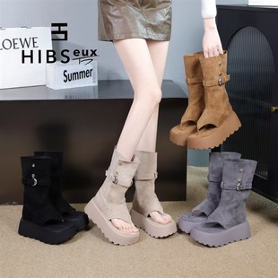 凉鞋一字式扣带 西r部N仔靴女两穿夹趾厚底~88887