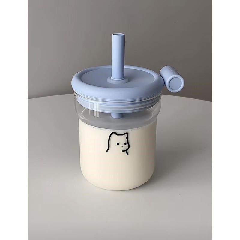 素生家居吸管杯丝滑猫冰柠杯大学生随手杯M高硼硅玻璃饮料杯咖啡