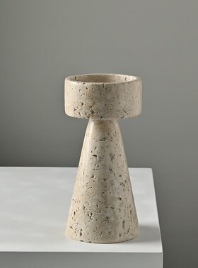 诧寂风天然黄色洞石烛台摆件家具柜桌面装饰品样板间欧式烛台摆件