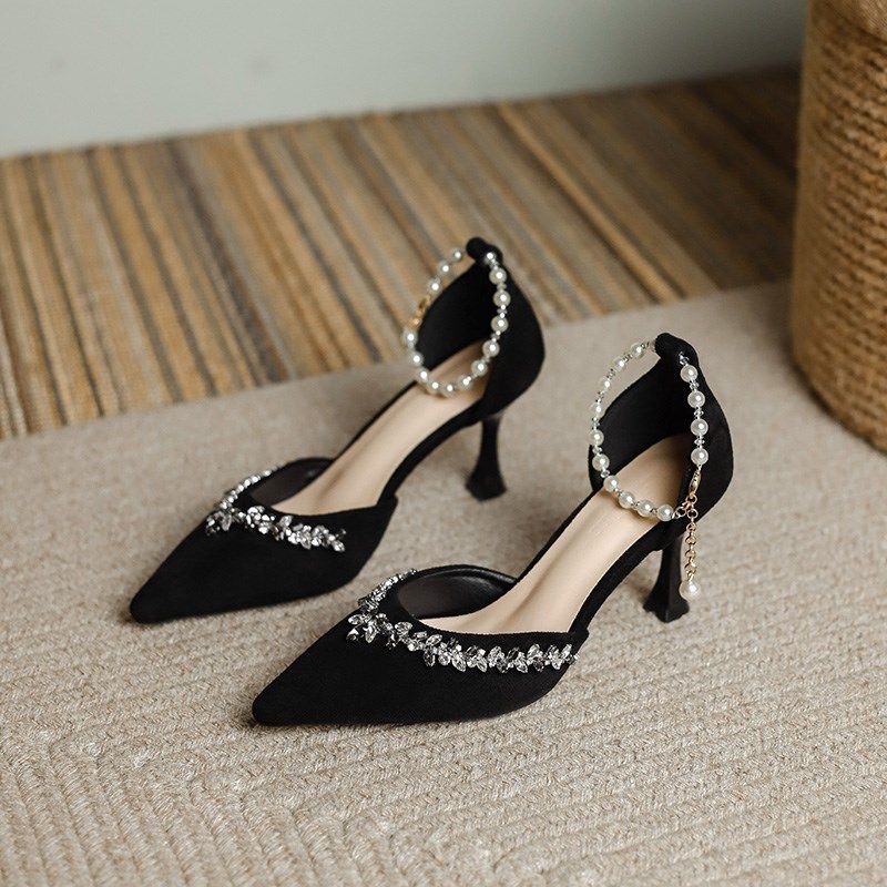 2025新款绝美尖头高跟s鞋女细跟黑色夏季3cm法式单鞋气质水钻凉鞋