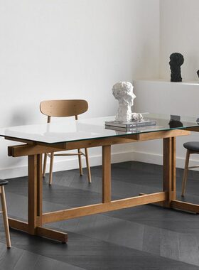 JOLOR现代简约实木书桌实木钢化玻璃桌面家用透明餐厅长方形餐桌