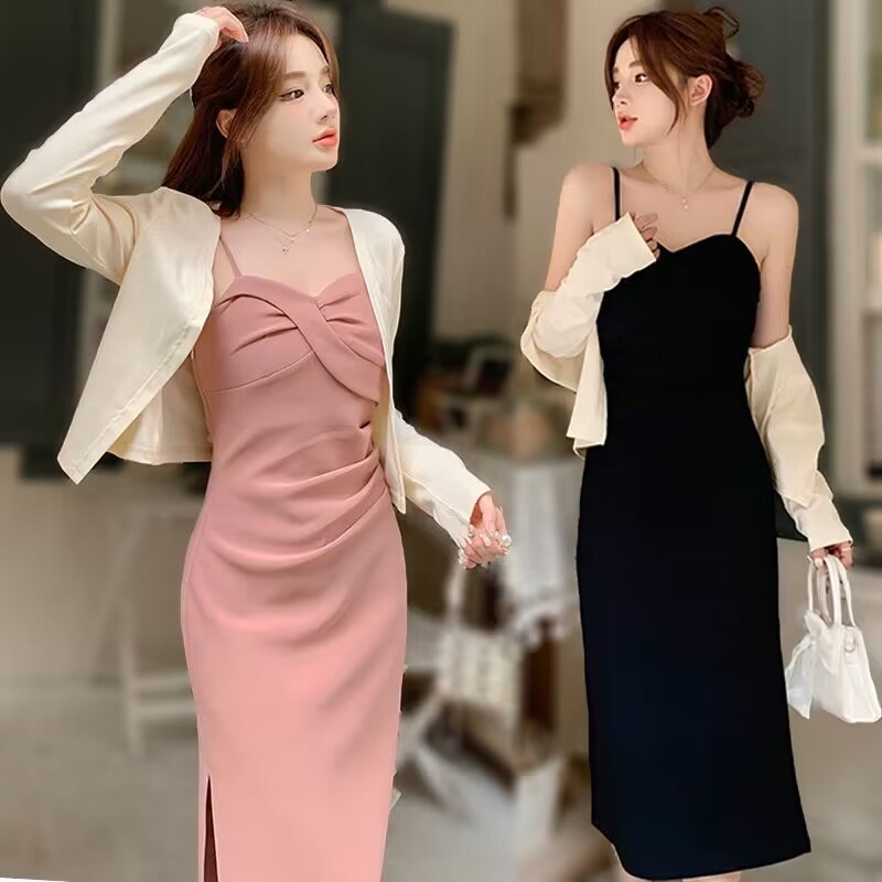 法式无袖吊带连衣裙女夏季2023收腰显瘦包臀裙长袖开衫两件套大码