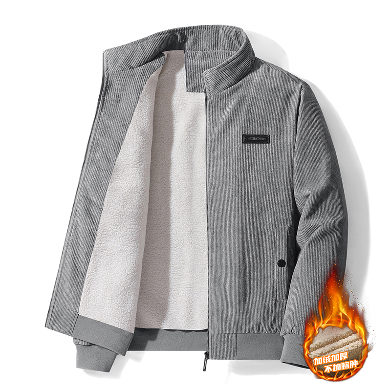 加绒加厚灯芯绒夹克男青年2023秋冬立领保暖棉服爸爸休闲冬装外套