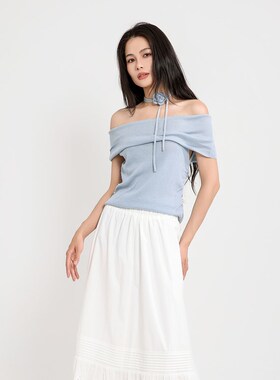 记忆的起点翻领一字领针织T恤女2025春季新款设计感上衣68GQ56677