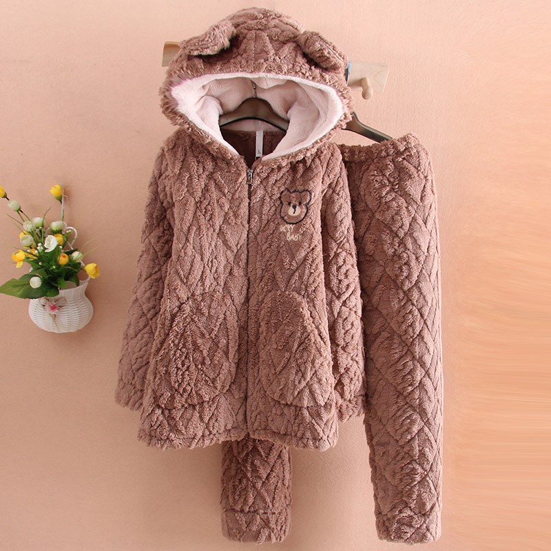 睡衣女冬季加厚加绒保暖珊瑚绒三层夹棉卡通可爱连帽可外穿家居服