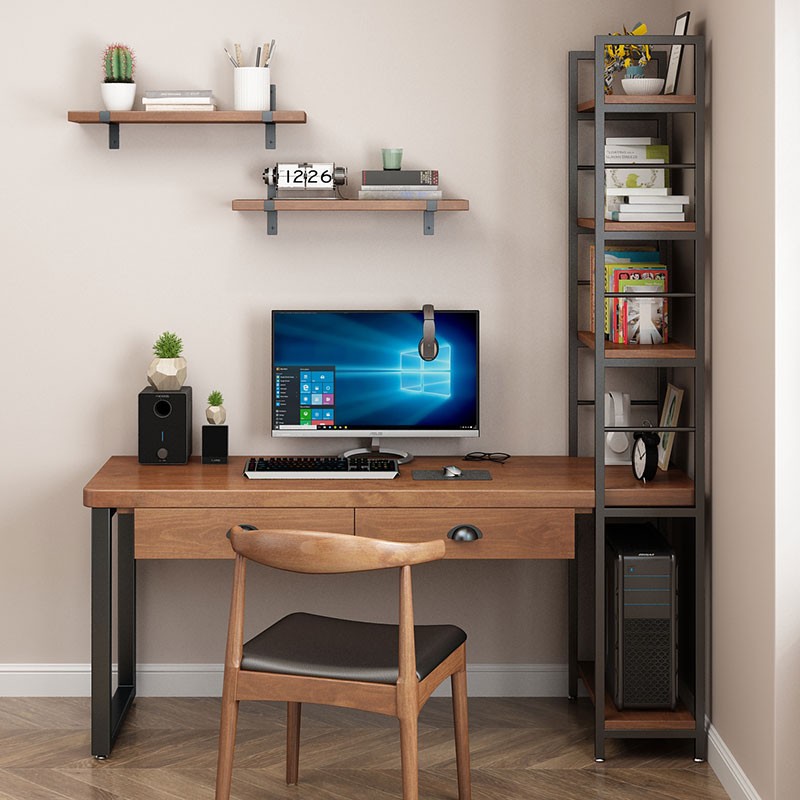 北欧电脑台式桌实木家用loft书柜书桌一体卧室书架组合写字办公桌
