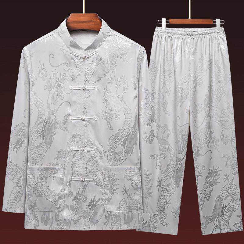 唐装男冰丝长袖套装春夏中老年覆古风汉服爸爸男装老人爷爷太极服