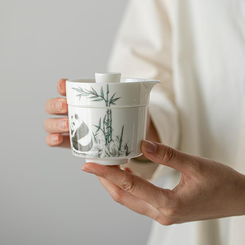 羊脂玉瓷熊猫旅行茶具套装便携式快客杯一壶二杯户外露营喝茶装备